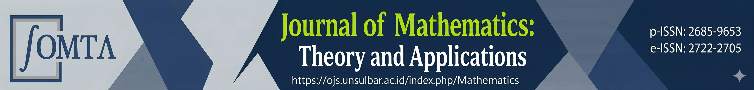 Banner header Journal of Mathematics: Theory and Applications (JoMTA) dengan skema warna biru navy dan abu-abu. Di sisi kiri terdapat logo JoMTA yang memuat simbol integral. Di bagian tengah terdapat nama jurnal 'Journal of Mathematics: Theory and Applications' beserta alamat website ojs.unsulbar.ac.id. Di sisi kanan tercantum nomor p-ISSN 2685-9653 dan e-ISSN 2722-2705.